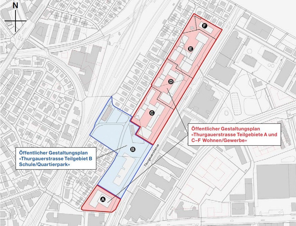 Vue d'ensemble datant de 2022 des plans d'aménagement sur le site de la Thurgauerstrasse. La tour de 70 m de haut est prévue en bas sur le secteur A.