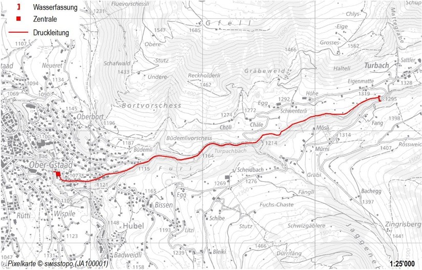 3 km de conduite forcée sera installée le long des rues Turbachstrasse et Lauenenstrasse jusqu’au secteur de Gütscheli à Gstaad.