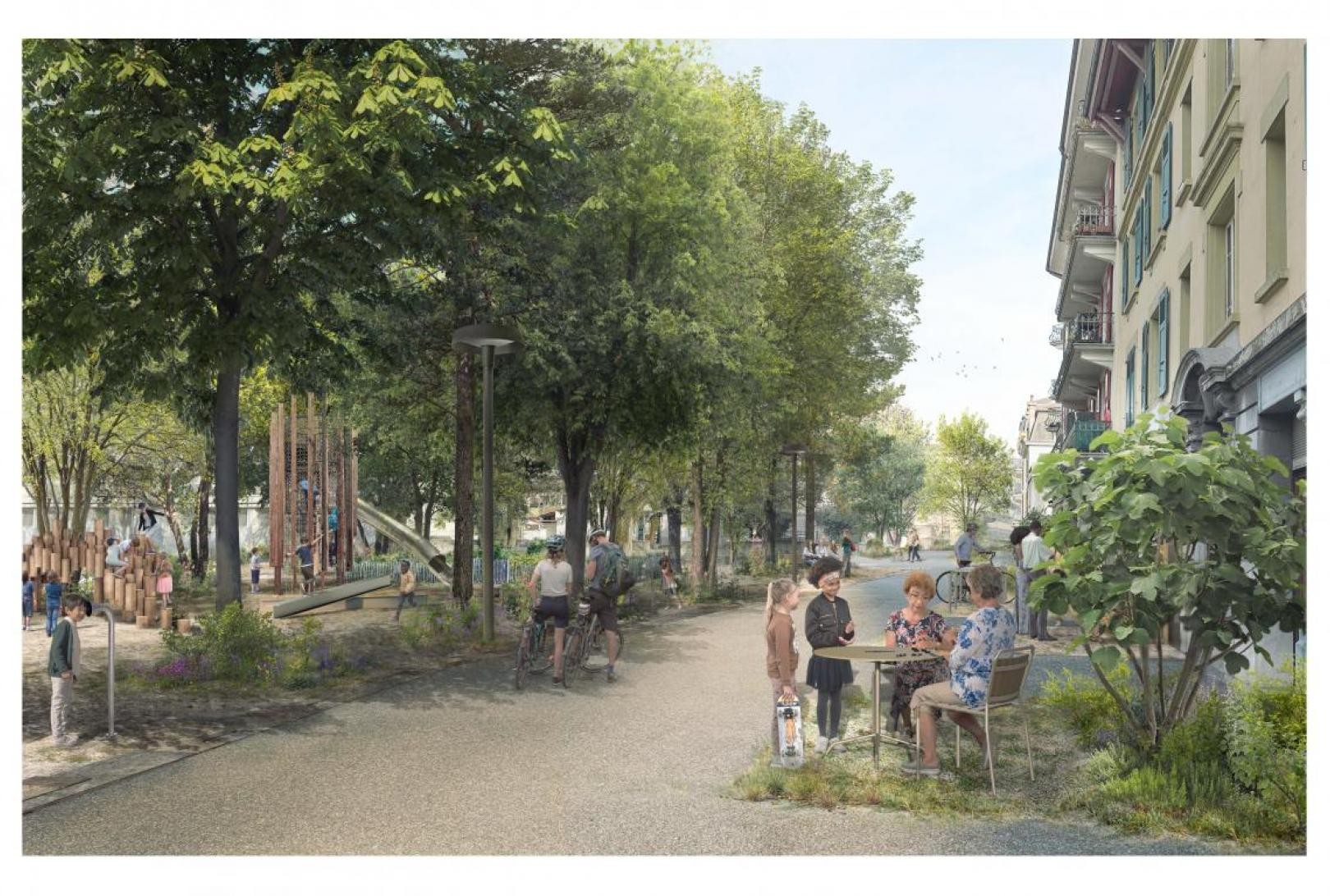 Voici à quoi ressemblera la future place Robin à Vevey. Le projet « Faites place ! », conçu par le bureau approches, a été sélectionné pour transformer cet espace en un lieu plus sûr et convivial.