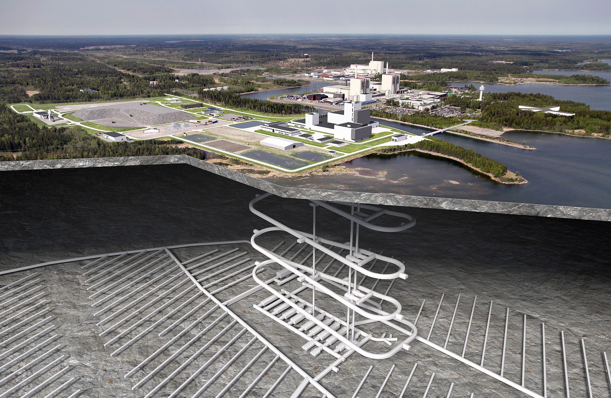Visualisation de l’ensemble du futur dépôt en couches géologiques profondes à proximité de la centrale nucléaire Forsmark, dans l’est de la Suède.