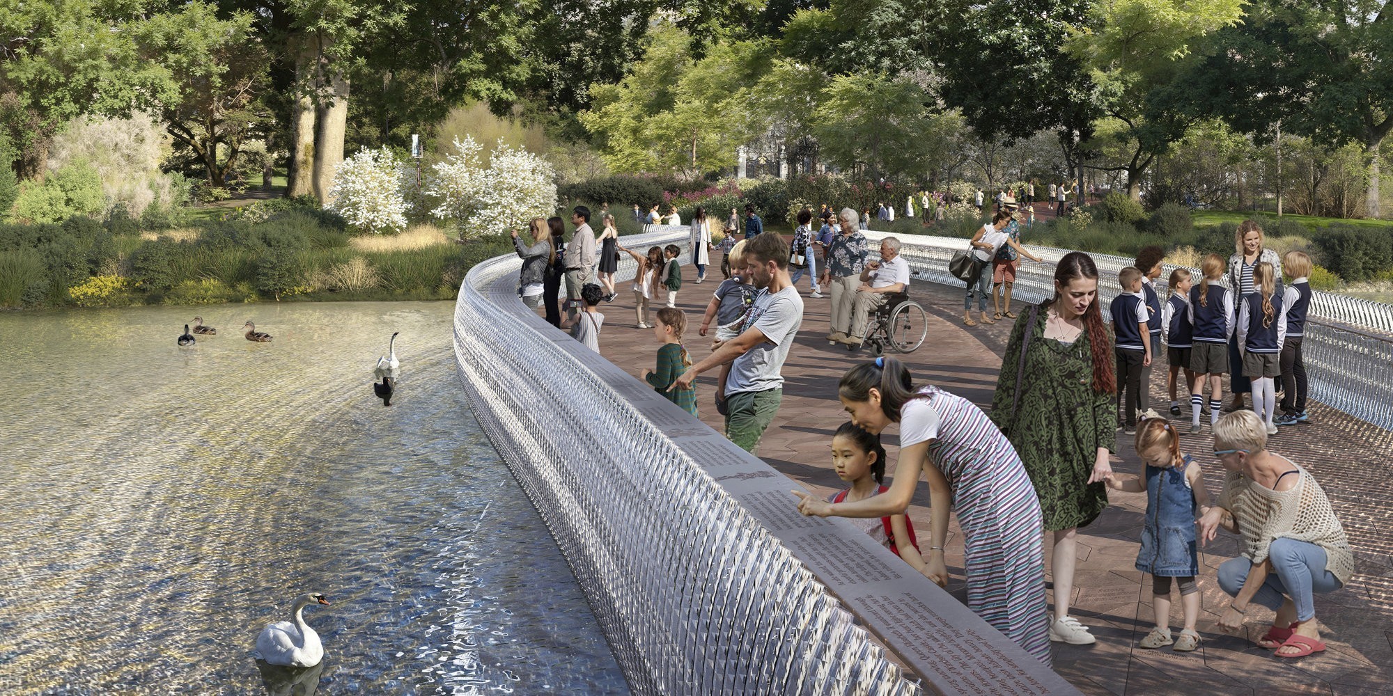 Foster prévoit également de construire dans le parc un pont partiellement transparent avec des éléments en verre. Selon ses propres déclarations, l'architecte s'est inspiré de la tiare en diamant portée par la reine lors de son mariage.