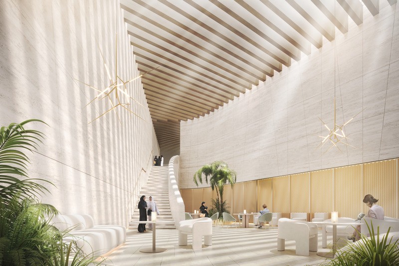L’intérieur du projet The Gold à Khobar, conçu par le bureau d’architecture Lemay, se distingue par un cadre prestigieux et immersif.