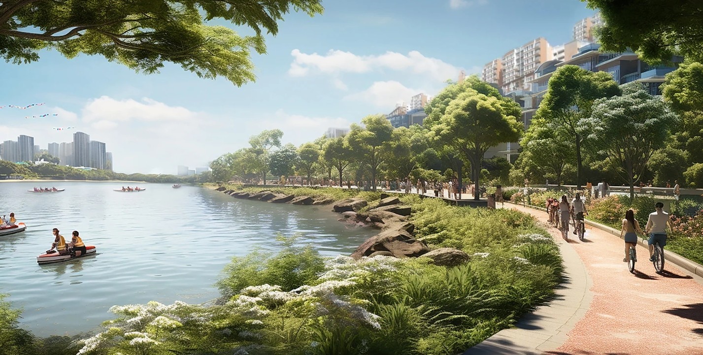 Une représentation artistique de Long Island à Singapour, réalisée par l'agence d'urbanisme de Singapour à l'aide d'outils d'IA, imagine à quoi pourrait ressembler le projet de protection contre les inondations.