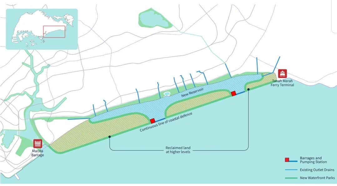 Le projet proposé pour Long Island serait prévu au large de la côte sud-est de Singapour, dans une zone de faible altitude.