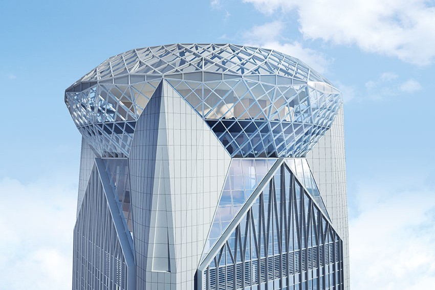 Selon le projet initial, la tour devait être surmontée d’un atrium en verre en forme de diamant.