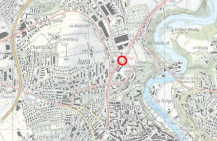 Le carrefour de Grandfey (en rouge), situé à proximité directe de la halte ferroviaire « Fribourg, Poya », sera modifié pour sécuriser la circulation et faciliter le passage des cyclistes sur la TransAgglo.