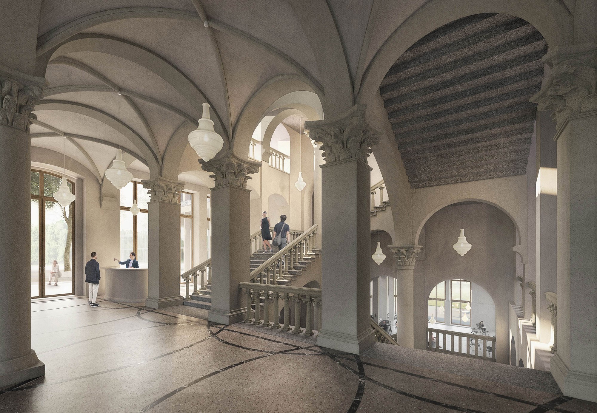 La visualisation du foyer nord montre un escalier, autrefois sombre malgré ses fenêtres latérales, désormais complété pour devenir un élément central et lumineux reliant l’ancien et le nouveau musée.