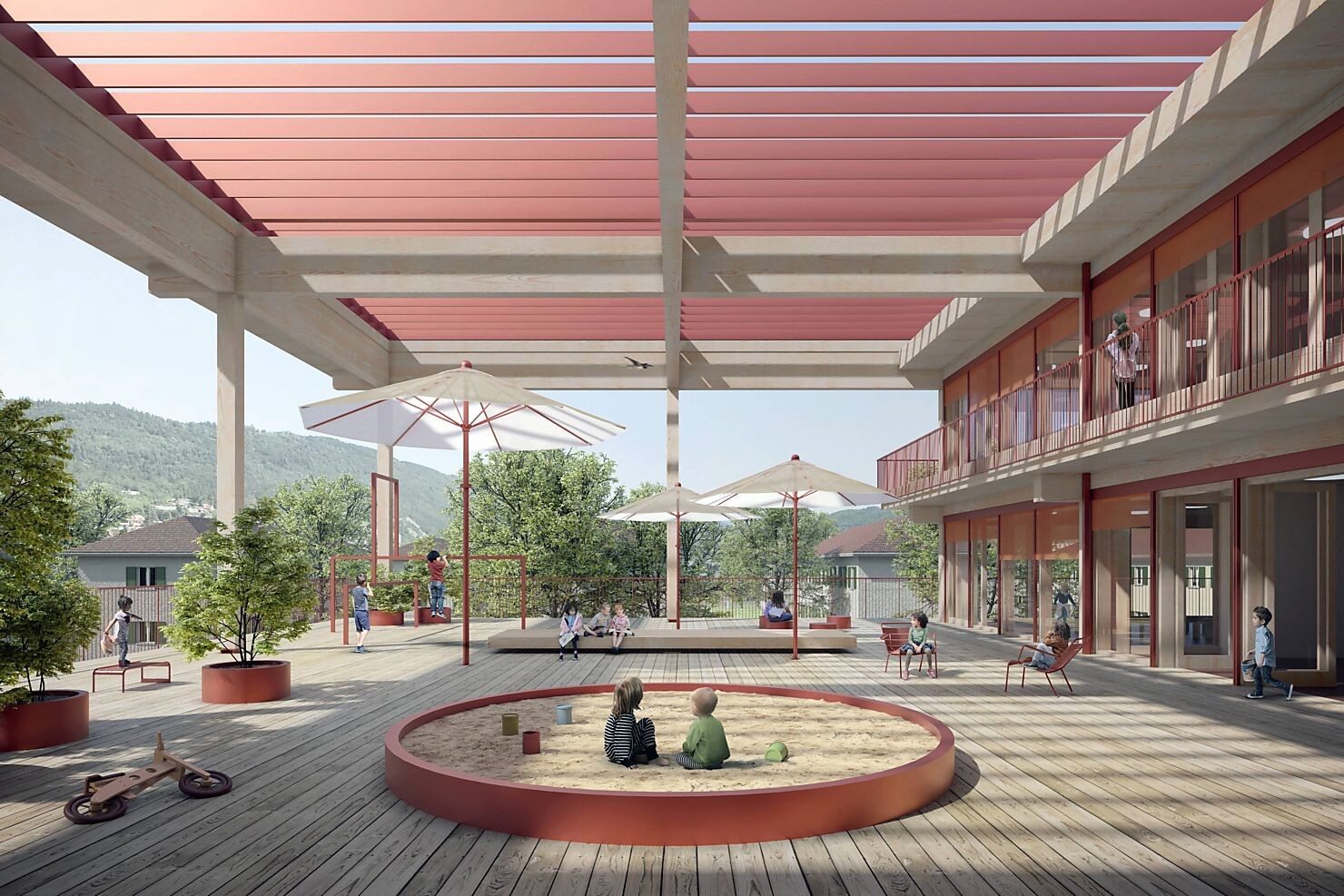 Le projet complète le complexe scolaire actuel par un nouveau bâtiment qui occupera presque toute la parcelle au nord-est. Un espace extérieur généreux verra le jour entre la nouvelle école et les bâtiments existants.