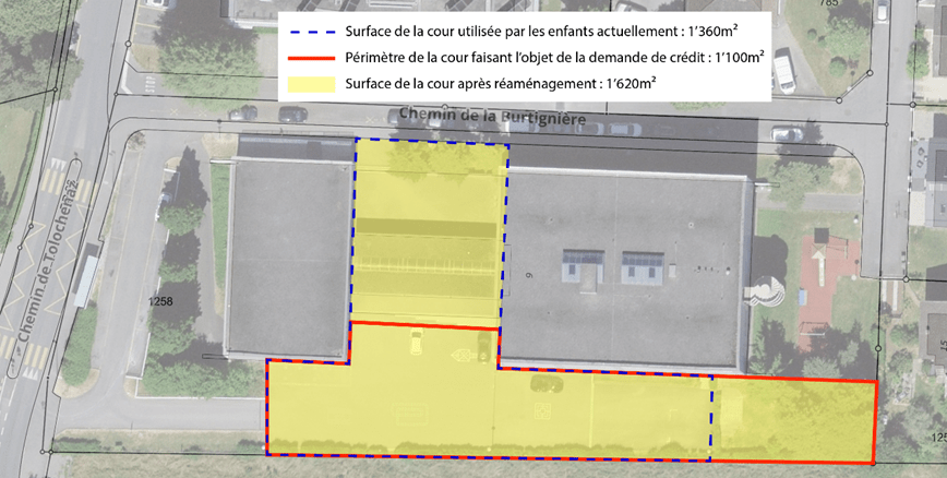 Plan du projet de réaménagement du préau, avec l’agrandissement et les nouvelles zones végétalisées.