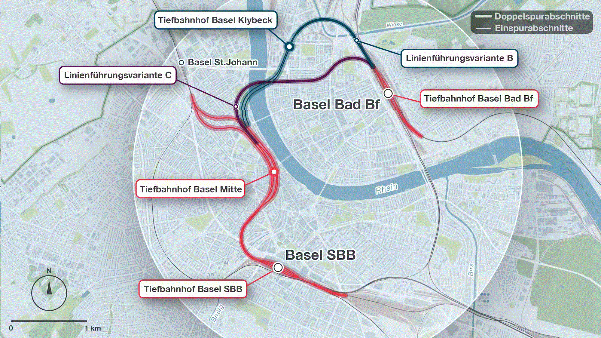 Le graphique de mars dernier montre le tracé de la ligne Herzstück selon l'étude préliminaire VKKB. Il existe actuellement deux variantes pour le tracé du tunnel de la branche est entre la station « Basel Mitte » et la gare badoise de Bâle. La réalisation