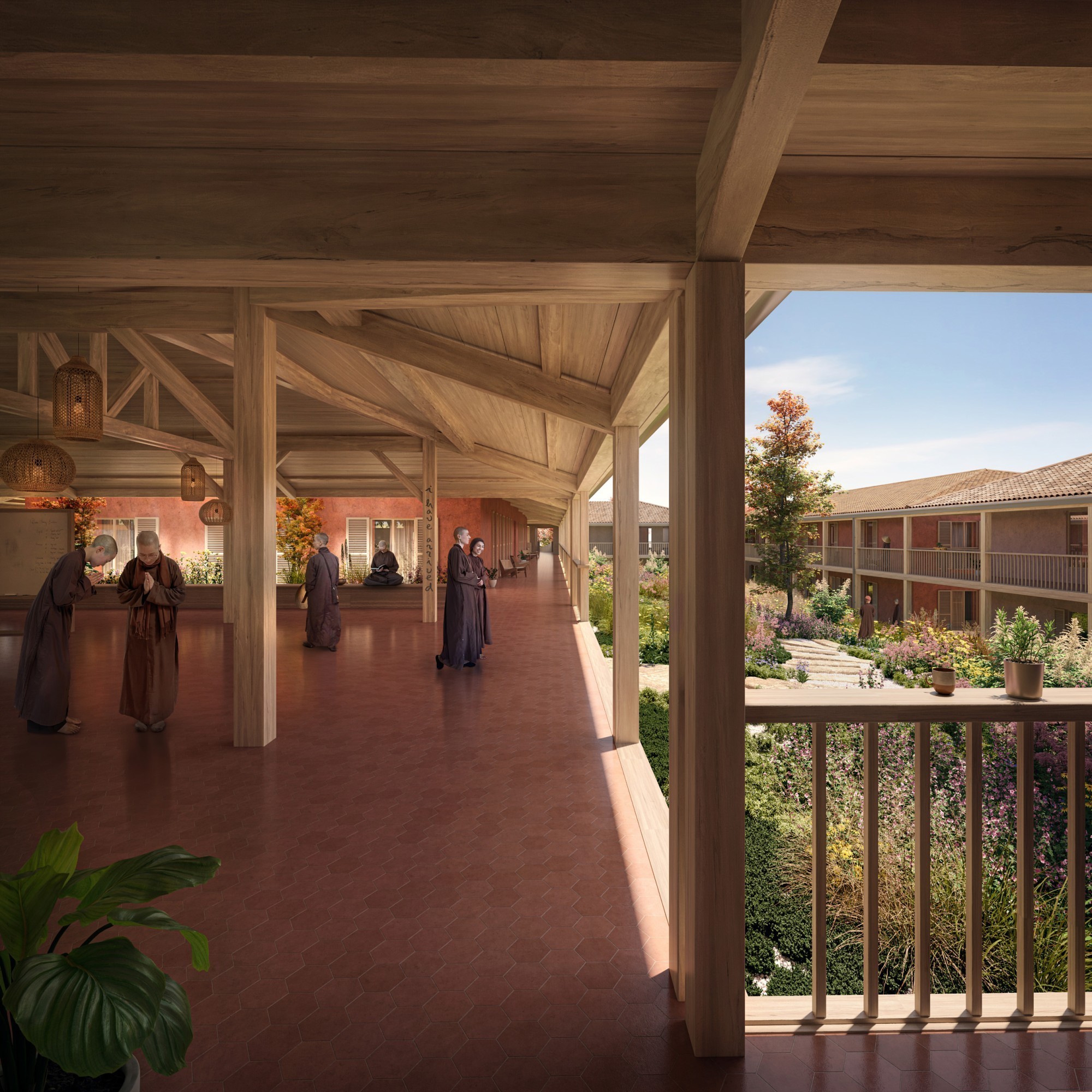 Le futur couvent, qui comptera 76 chambres, s'articule autour d'une cour intérieure verdoyante, une forme architecturale typique des édifices sacrés.