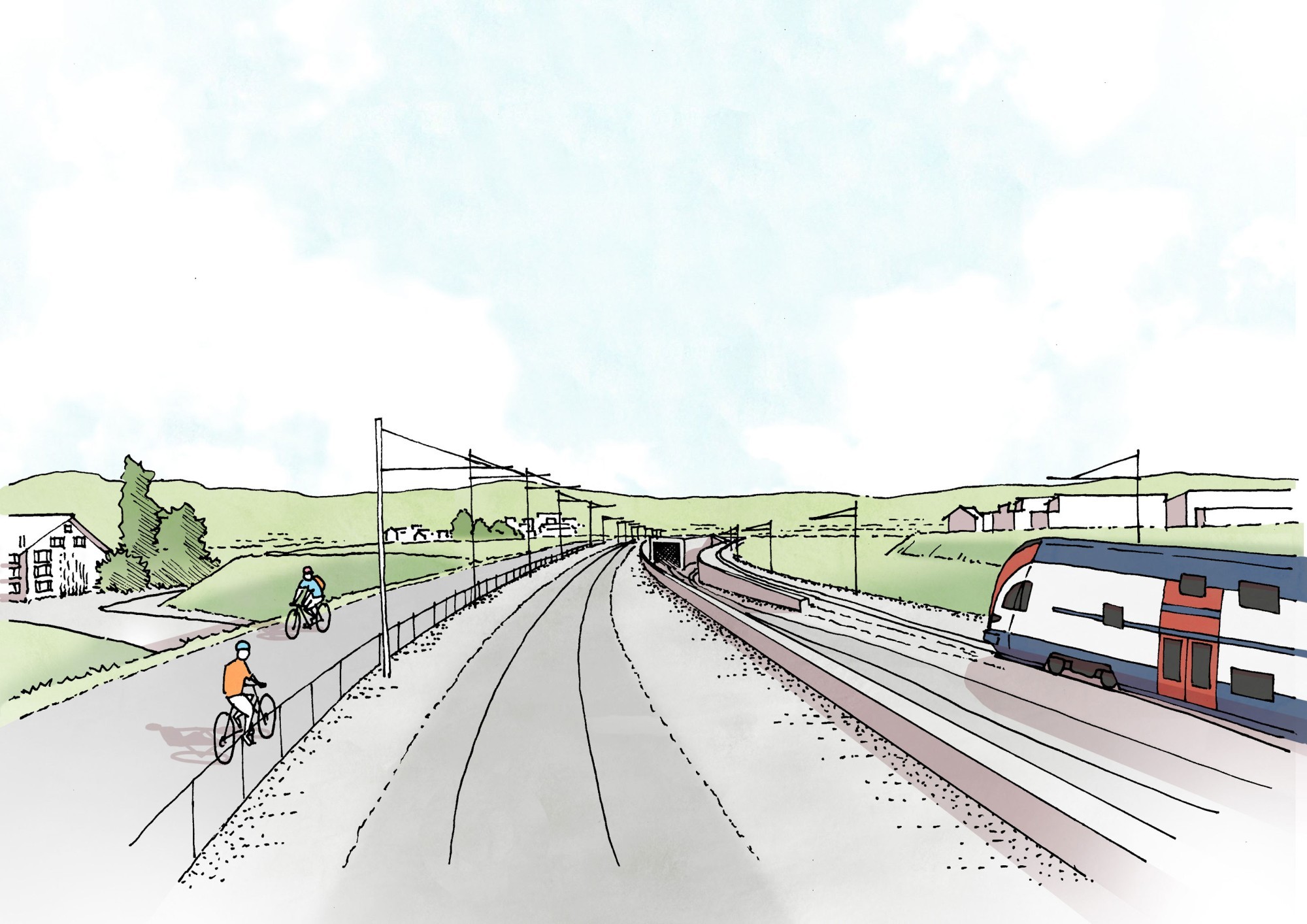 Rendu du portail du tunnel de Dietlikon tel qu’il est prévu dans le cadre du tunnel de Brütten, projet MehrSpur Zürich–Winterthur.