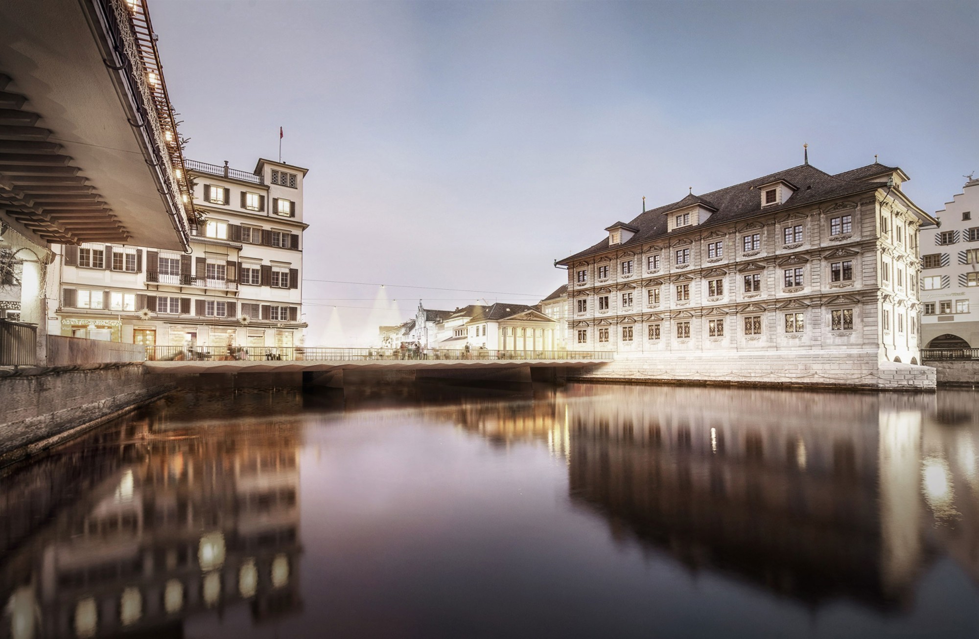 Pojection de l’aspect que prendra un jour le nouveau pont Rathausbrücke à Zurich, selon les plans actuellement envisagé