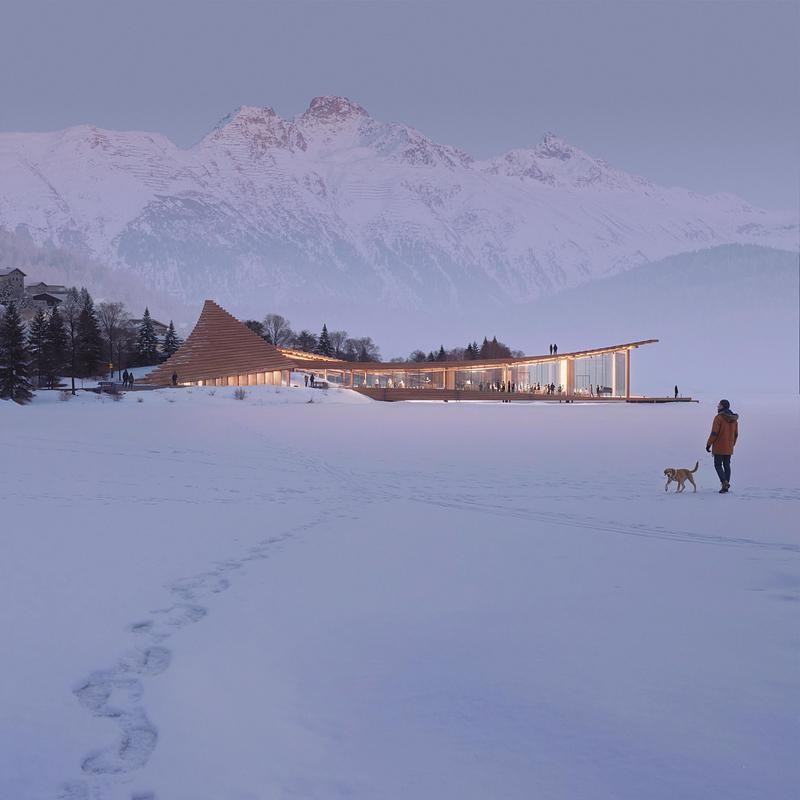 Un monument en bois serein alliant architecture et paysage a été conçu par des architectes arméniens sur les rives du lac de Saint-Moritz.