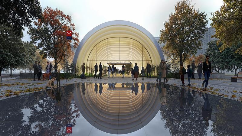 L’extérieur de la future station San Giovanni Bosco, conçue dans le langage architectural modulaire de la ligne 2.