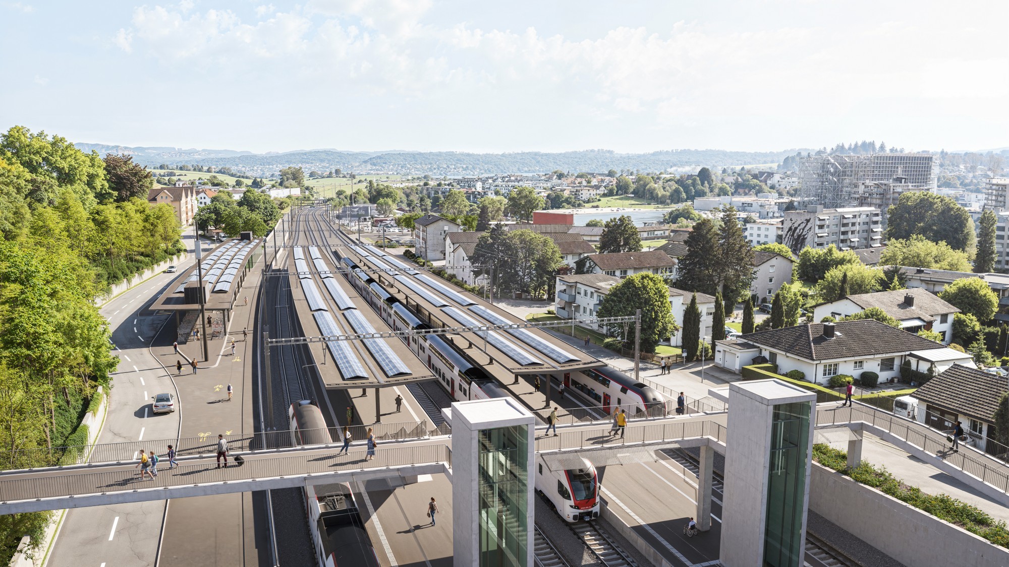 A Dietlikon, le projet MehrSpur transformera la gare avec une quatrième voie, de nouveaux accès aux quais et une passerelle modernisée, afin d’augmenter la capacité de l’axe Zurich–Winterthour.