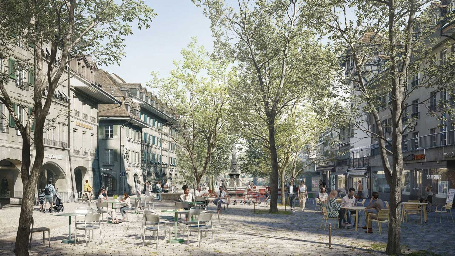 Visualisation du futur aménagement de la place du Bären- und Waisenhaus, avec zone de rencontre et pavage continu.