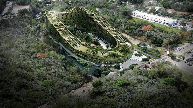 Vue aérienne de LTR1 à Nuevo Cuscatlán, un quartier vertical intégré à une forêt préservée.