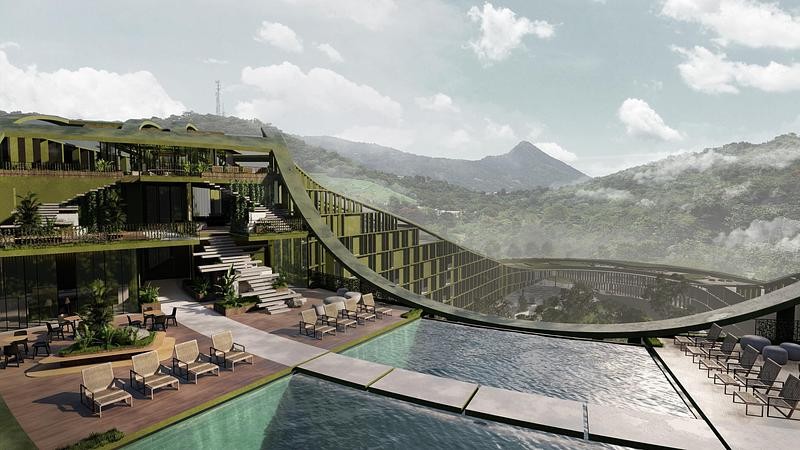La piscine s'intègre parfaitement dans le paysage tropical.