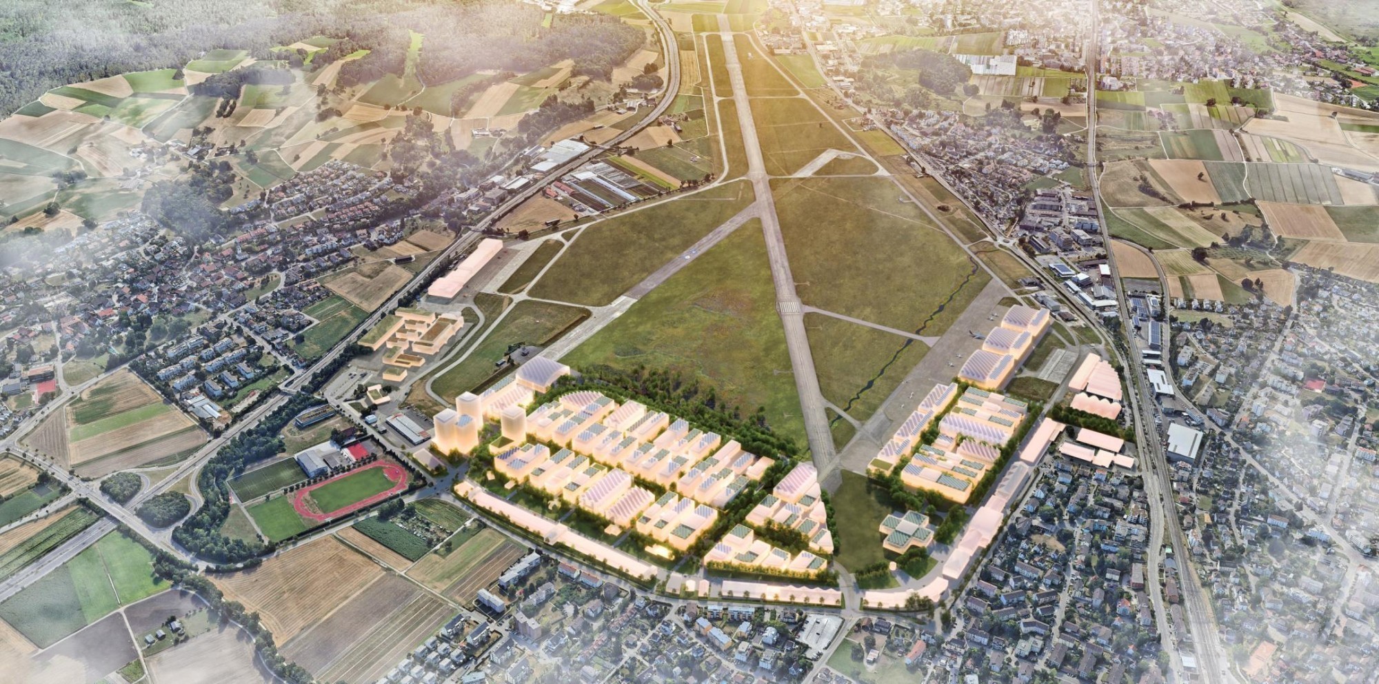Visualisation de la troisième phase de développement du Parc d'innovation de Zurich sur le site de l'aérodrome de Dübendorf. La zone B se trouve à droite, dans la partie sud-ouest de l'aérodrome.
