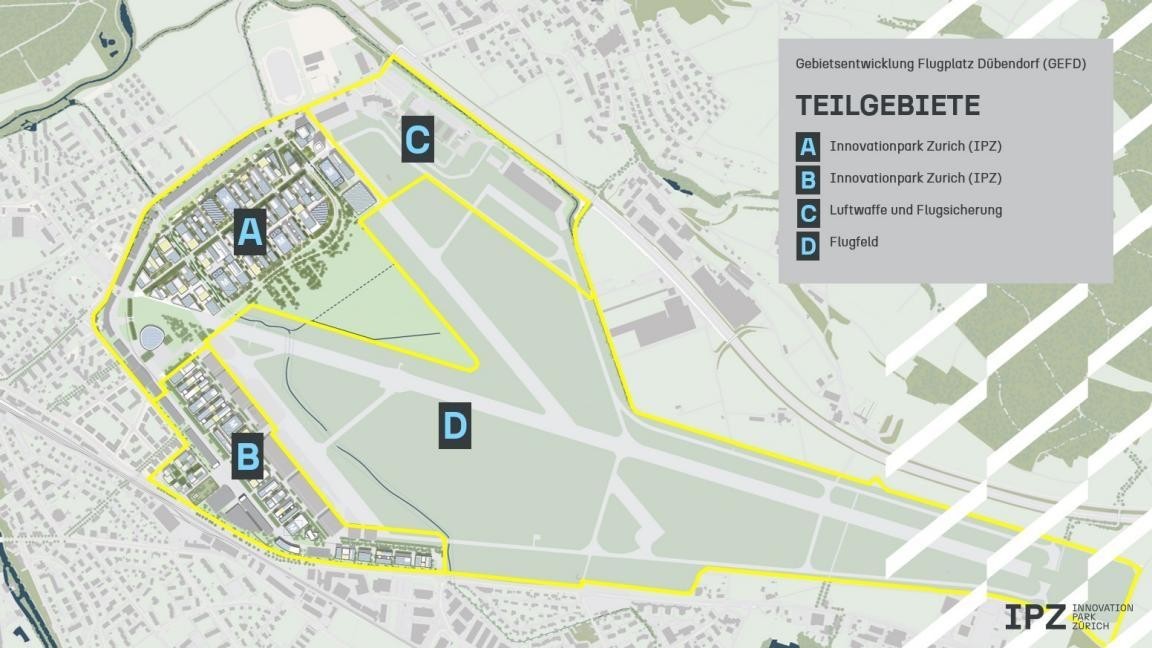 Vision spatiale à l'horizon 2050 du Parc d'innovation de Zurich, avec ses quatre zones.
