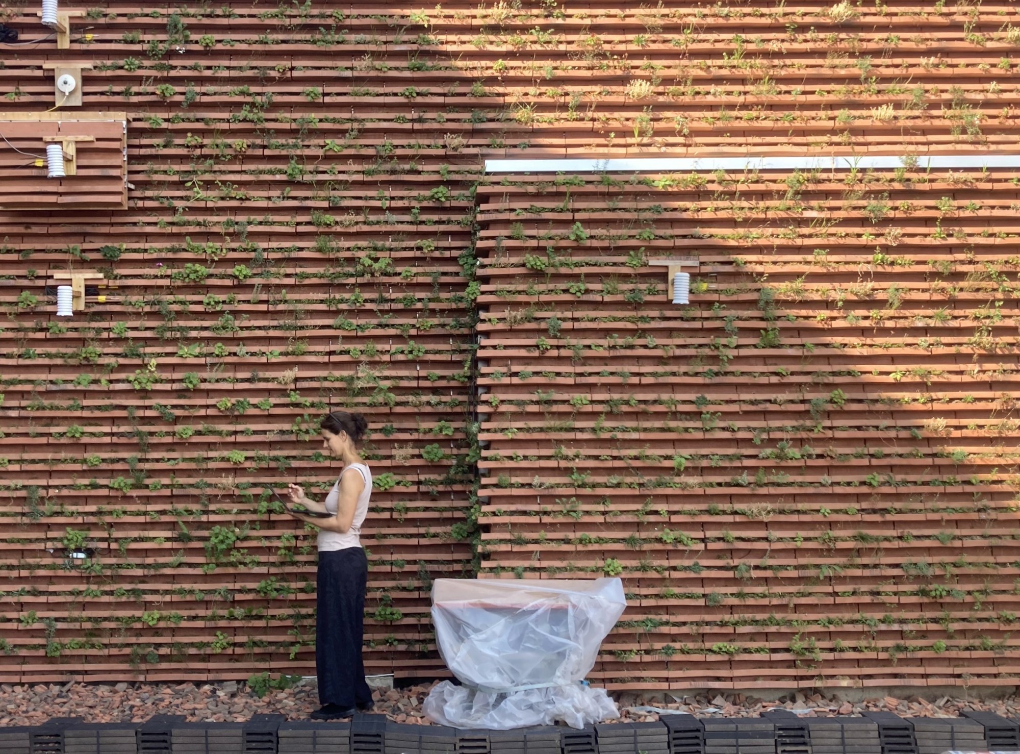 Une végétalisation de façade économe en ressources qui contribue de manière tangible à la qualité de vie en ville. Sous la bâche en plastique se trouve l’équipement technique nécessaire aux mesures.