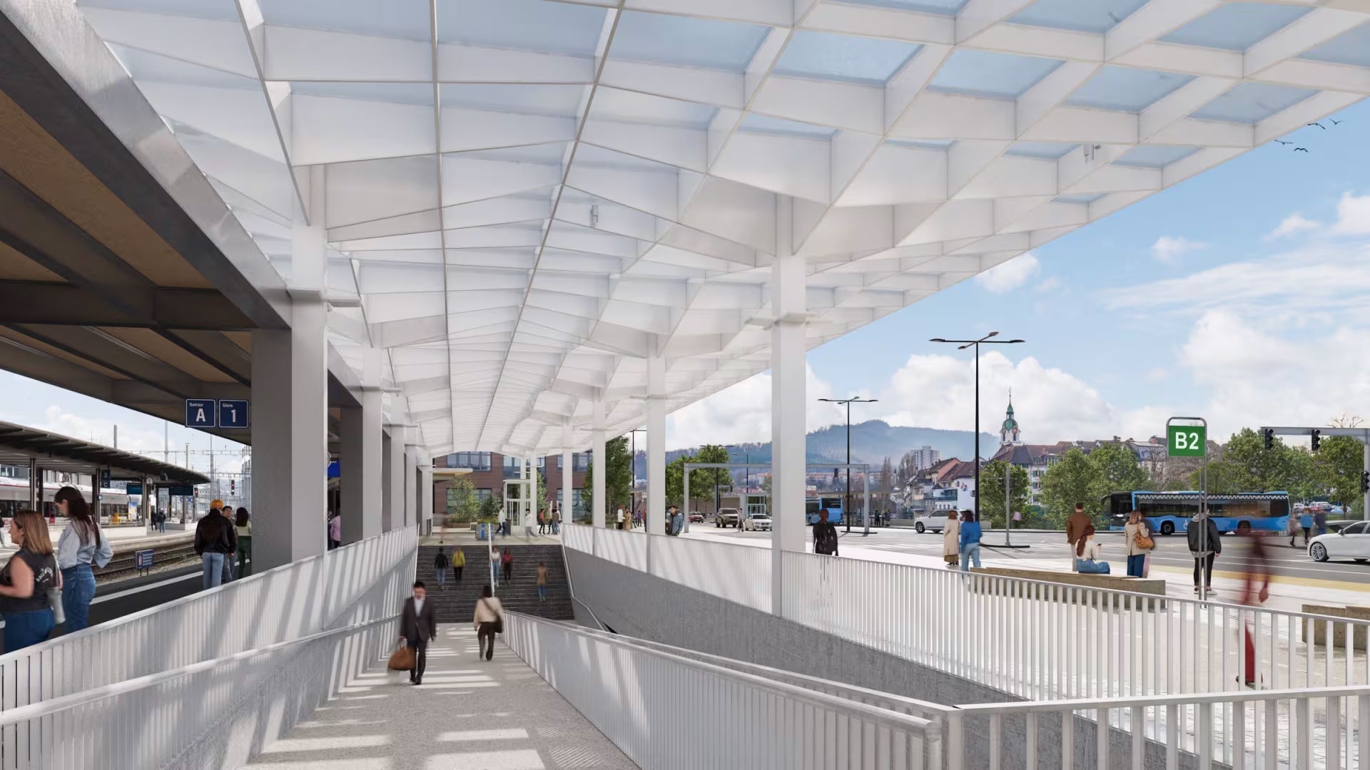 Vue sur la nouvelle rampe sous le « toit urbain » en direction de la vieille ville.