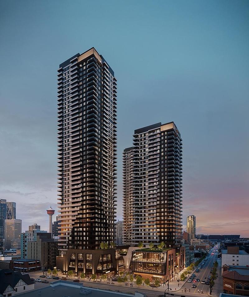 Les trois tours résidentielles encadrent le site et composent une nouvelle présence urbaine marquant l’entrée est des quartiers de Beltline et Mission.