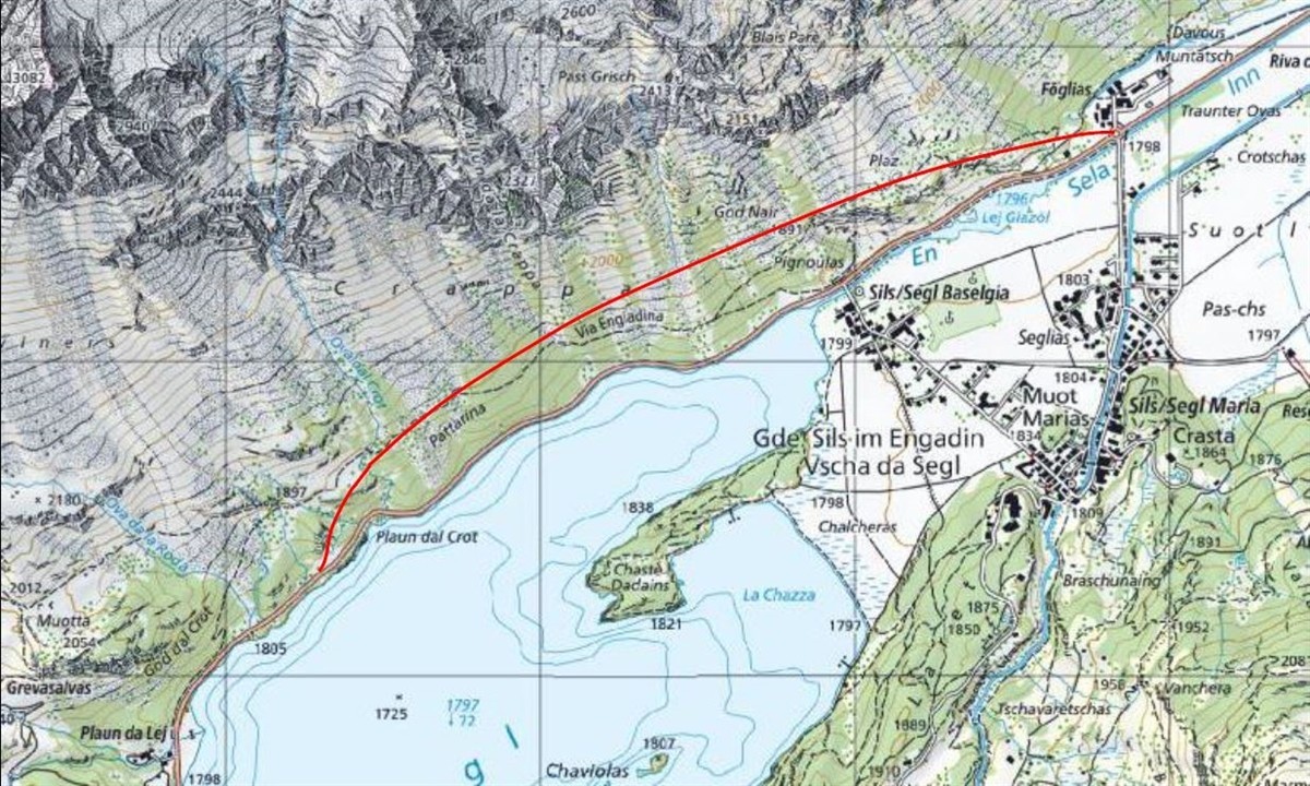 Le schéma présente le tracé prévu du futur tunnel du lac de Sils.