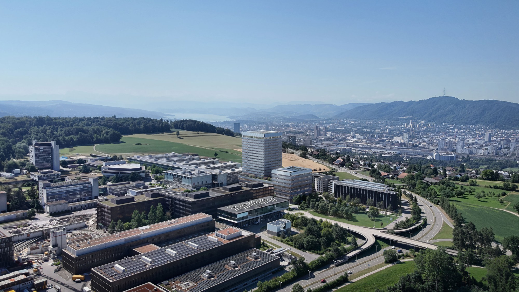 Rendu du futur HWS sur le campus Hönggerberg. Ce nouveau bâtiment d’environ 80 m de haut abritera à l’avenir le département d’informatique, la bibliothèque de l’EPFZ ainsi que des espaces d’enseignement et des espaces publics.