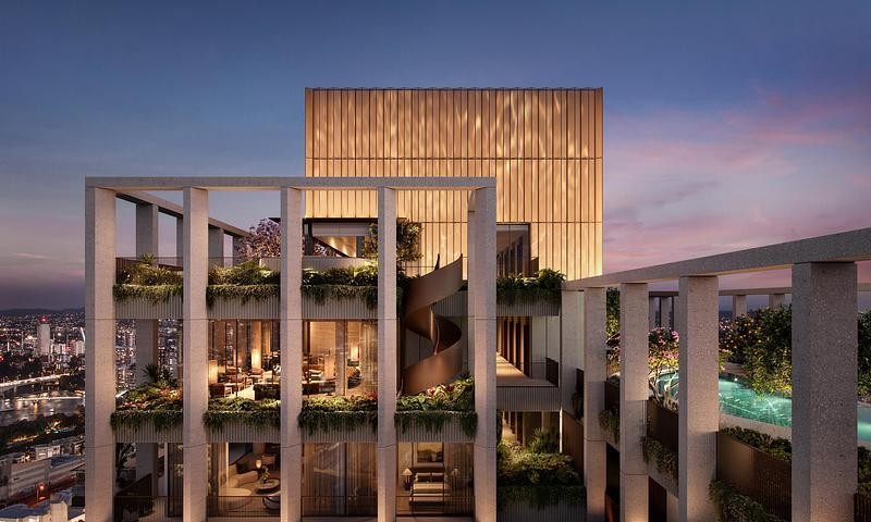 Vue d’ensemble de Sanctuary Residences à Brisbane, un complexe résidentiel qui domine le paysage urbain.