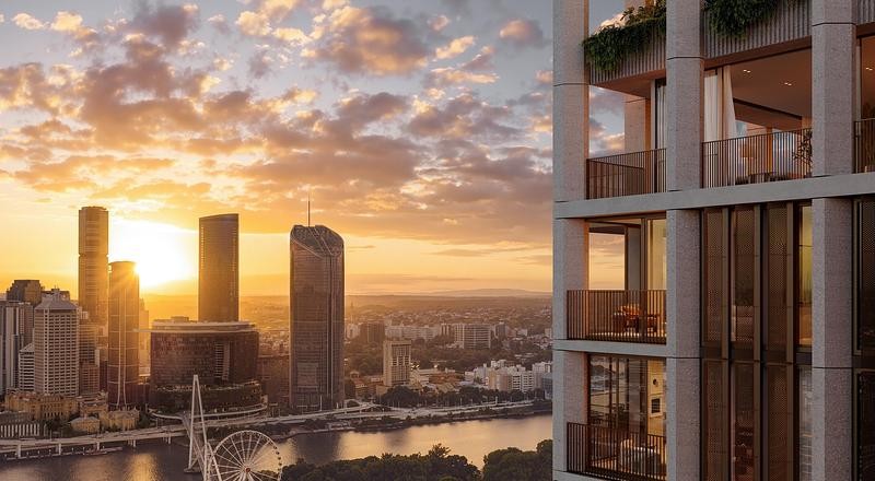 Vue sur Brisbane et la rivière Brisbane depuis les balcons de Sanctuary Residences, au coucher du soleil.