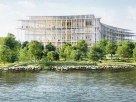 La banque Lombard Odier construit à Bellevue (GE) son nouveau siège, fait de colonnes enveloppées dans du verre.