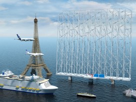 Le système «Wind Catching» se compose d'un grand cadre de 350 m de large avec plusieurs éoliennes fixé sur une plateforme en mer.