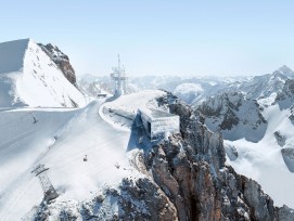 Visualisation du projet 3020 : la station de montagne s'impose sur la roche comme un cristal géant.