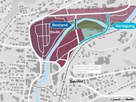 Illustration du déplacement du pont sur la Nau à Laufen. C'est ainsi que le pont de la Nau doit être déplacé selon les plans du canton et de la ville de Laufen.