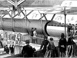 Gare du « Métro pneumatique Beach » lors de la période d'essai en 1870 à New-York. Les wagons étaient acheminés par air comprimé à travers un tunnel.