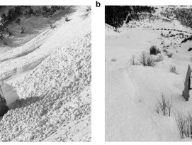 Dépôts d'avalanches sur l'obstacle de la paroi dans la Vallée de la Sionne. La figure a montre une vue latérale de la paroi avec les dépôts d'une avalanche fraîche du 15 janvier 2021. La figure b montre une vue frontale de la paroi avec les dépôts d'une a