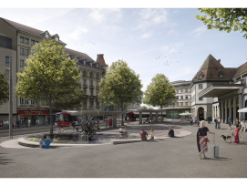 Elément central du projet, la fontaine Jo Siffert s’intégrera dans la pente de la place par un système de gradins.