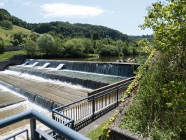 Vue sur le barrage de la Birse et la centrale électrique Neuewelt à Münchenstein. L'installation sera rénovée par IWB et l'Office des ponts et chaussées de Bâle-Ville.