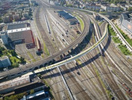 Visualisation du projet «Landschaftsbrücke»: la construction du pont en acier reliera le 4 ème arrondissement au 5 ème en passant sous le pont Kohlendreieck, au-dessus des voies ferrées et le long du viaduc de Wipkinger.