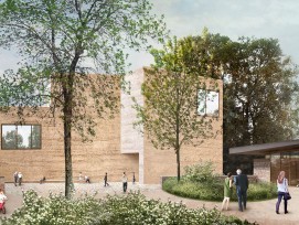 Visualisation du d'extension de la Fondation Beyeler avec l'atelier Peter Zumthor Haus pour l'art (à gauche) et le pavillon (à droite), vue depuis le parc Berower.