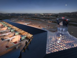Visualisation du nouveau dock A de l'aéroport de Zurich. le bois sera la matière première choisie pour la construction du terminal.