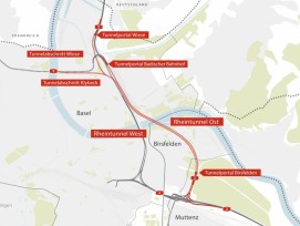 Croquis de planification du tunnel du Rhin. Deux tunnels à deux voies de 3,6 km et 3,8 km de long  seront construits sous le Rhin dès 2029.