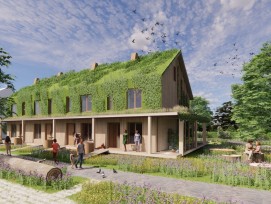 La «Natuurhuis» victorieuse est composée d'éléments en bois remplis de paille compressée et possède un toit vert qui se prolonge par une façade végétalisée.