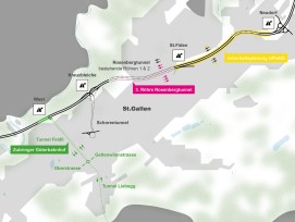 Vue d'ensemble des projets partiels de l'élimination des goulets d'étranglement de Saint-Gall : La bretelle d'accès à la gare de marchandises (en vert), le troisième tube du tunnel de Rosenberg (en rose) et la planification de l'entretien UPlaNS (en jaune