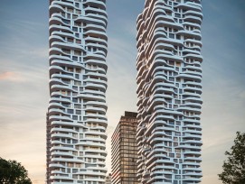 Dans le quartier en plein essor de Greater Golden Horseshoe à Toronto, des bandes de balcons marquées apportent des accents sculpturaux au lieu de la rigueur formelle de nombreuses tours d'habitation. (Architecture : CORE Architects)