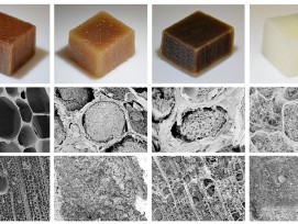 Le bois naturel se trouve à gauche de l'image. Les trois morceaux de bois à droite ont été soumis à différents traitements qui ont pour effet d'augmenter la surface et de réduire les pores, ce qui permet un transport rapide de l'eau à travers le matériau.