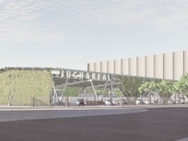 Visualisation du nouveau centre de recyclage  zurichois et de la vue extérieure du bâtiment ornée d'une façade végétalisée.