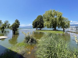 Les cantons et la Confédération présentent leur analyse concernant les crues des lacs du pied du Jura et de l’Aar de 2021.   Exemple des crues: la plage de Cheyres en juillet 2021.